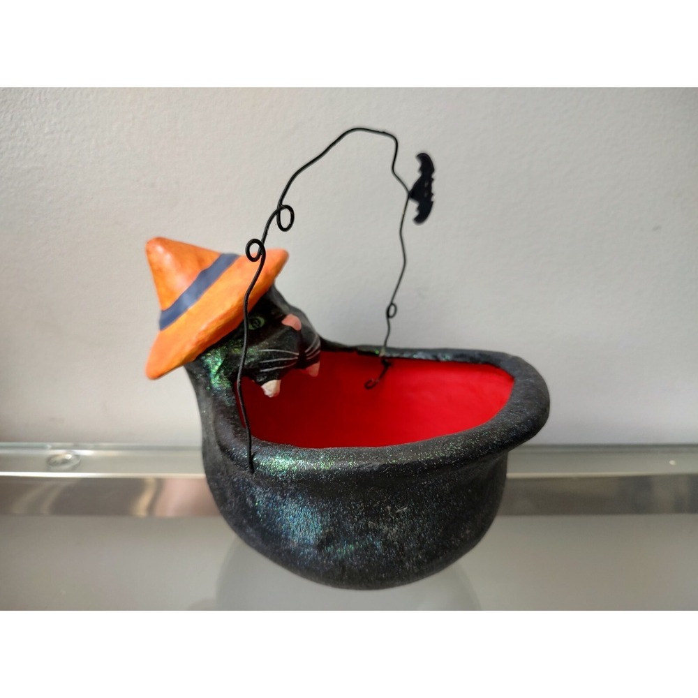 Department 56 Halloween black cat cauldron candy bucket paper mache